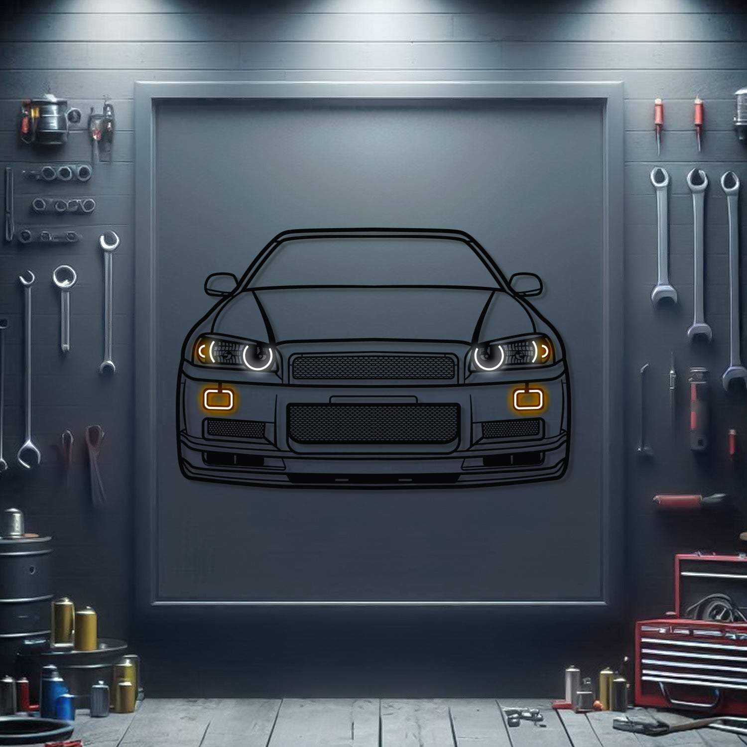 GT-R R34 Front View Metal Neon Car Wall Art